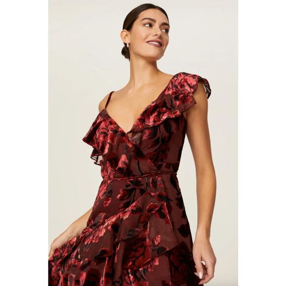 Hutch x RTR Red Velvet Floral Burnout Ruffle Gown Size Medium * - Picture 4 of 9